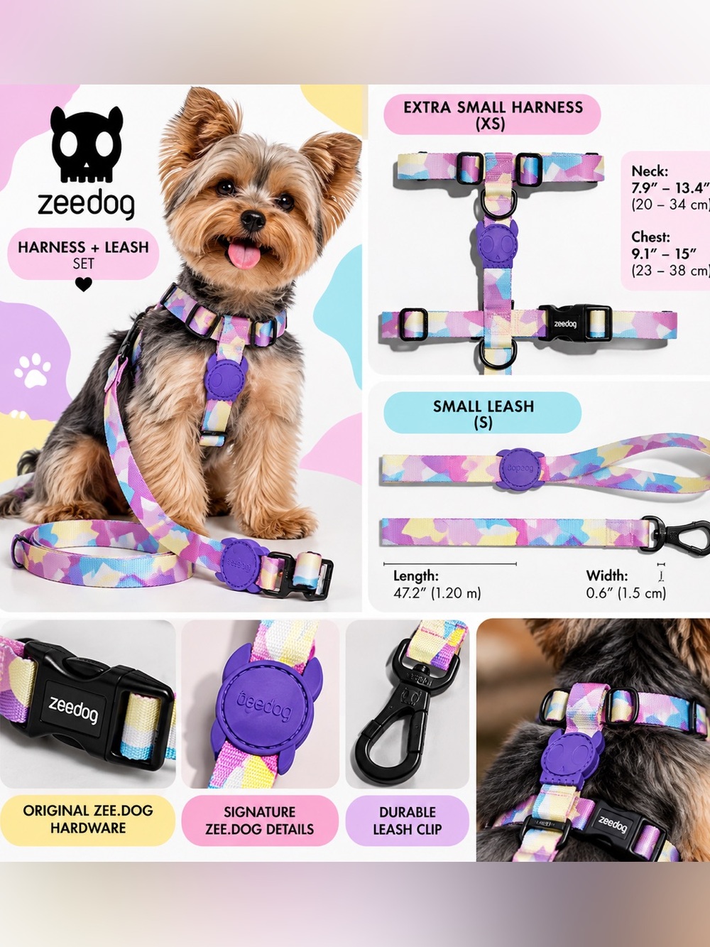 Zee.Dog H Harness XS & Small Leash Set – Colorful Pastel